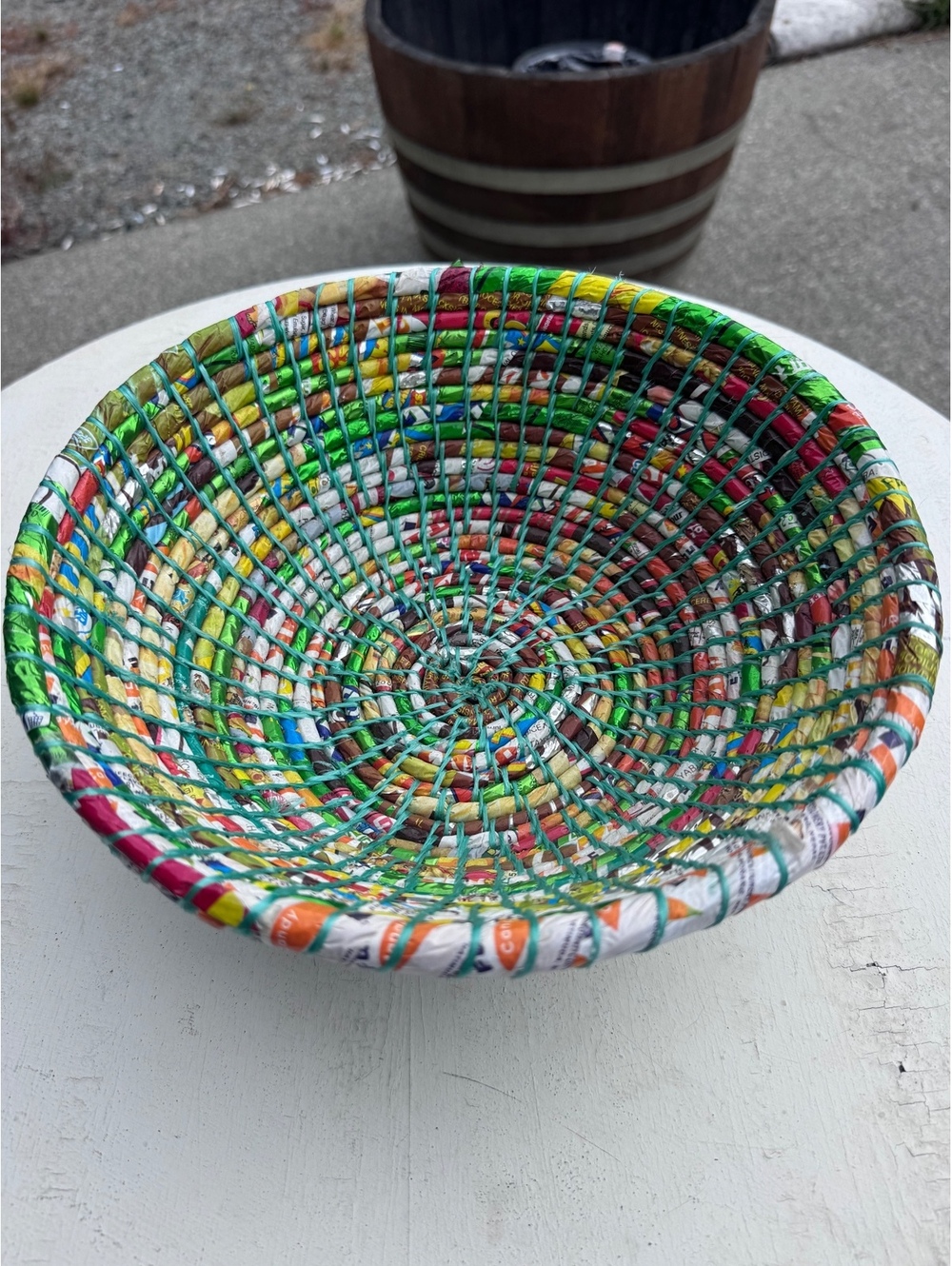 Handmade Upcycled Recycled Wrapper Basket Bowl Colorful Woven Folk Art 12”